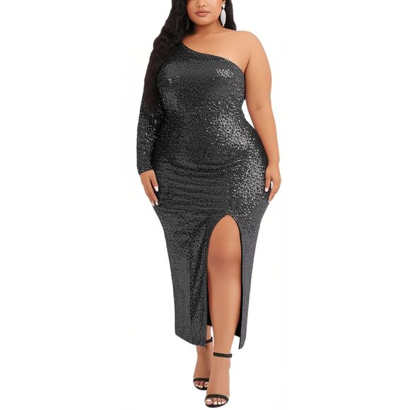 Elegant One-Shoulder Black Sequin Dress Size 1XL - Picture 1 of 6